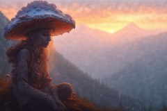 Mushroom girl sitting on a mountainside in the evening mist